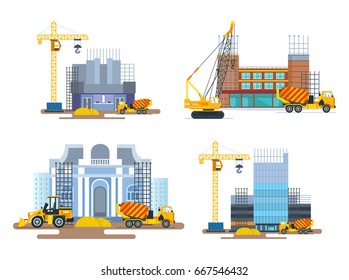 The process of building a houses premises with the help of special equipment and transport a crane and a concrete mixer. Construction building. Set vector illustration isolated on white background.