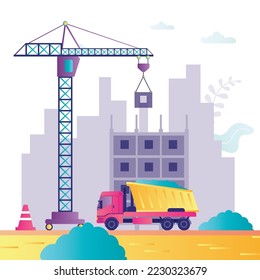 Proceso de construcción de un nuevo edificio de varios pisos. Grúa de altura y camión volcado en el sitio de construcción. Banner industrial, arquitectura y construcción. Desarrollo, máquinas industriales. vector plano