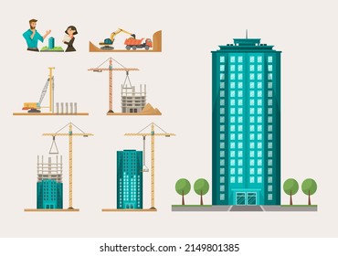 Process of building skyscraper cartoon illustration set. People discussing building plan of house or industrial construction. Crane and tractor in action. Development, engineering concept