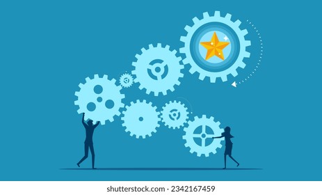process of building success. business men and women work together to drive the stars