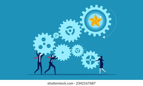 process of building success. Team of business people connecting the gear mechanism drives the star