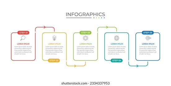 Process business infographic thin line with square template design with icons and 5 options or steps.