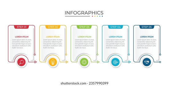 Procesar la línea delgada de infografía del negocio con diseño de plantilla cuadrada con iconos y 5 opciones o pasos.
