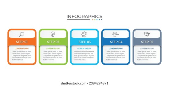 Procesar la línea delgada de infografía del negocio con diseño de plantilla cuadrada con iconos y 5 opciones o pasos.