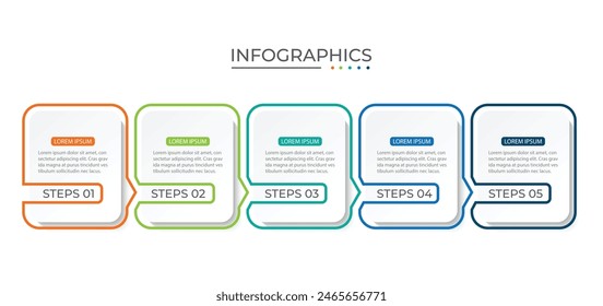 Verarbeiten Sie Business-Infografik dünne Linie mit quadratischer Vorlage-Design mit Symbolen und 5 Optionen oder Stufen.