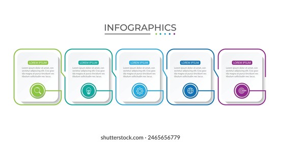 Línea delgada de infografía de negocios de proceso con diseño de Plantilla cuadrada con íconos y 5 opciones o pasos.