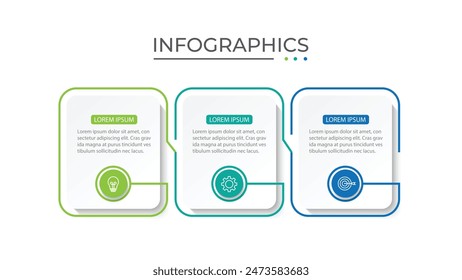 Línea delgada de infografía de negocios de proceso con diseño de Plantilla cuadrada con íconos y 3 opciones o pasos.