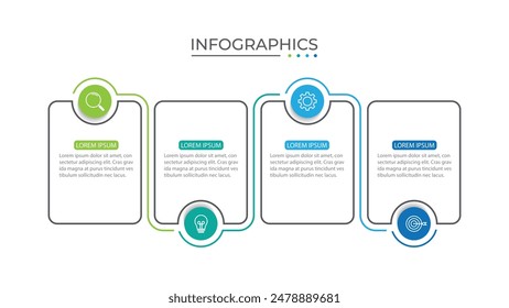 Línea delgada de infografía de negocios de proceso con diseño de Plantilla cuadrada con íconos y 4 opciones o pasos.