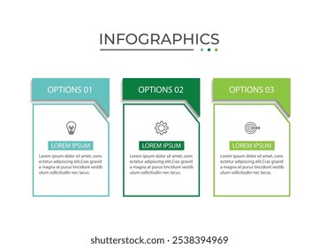 Línea delgada de la infografía del negocio del proceso con diseño cuadrado de la Plantilla con los iconos y 3 opciones o pasos.