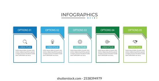 Línea delgada de la infografía del negocio del proceso con diseño cuadrado de la Plantilla con los iconos y 5 opciones o pasos.