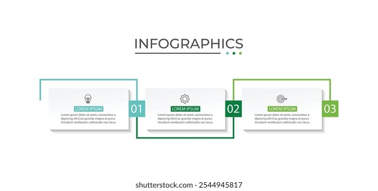 Verarbeiten Sie Business-Infografik dünne Linie mit quadratischen Vorlage Design mit Symbolen und 3 Optionen oder Schritte.