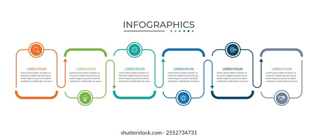 Process business infographic thin line with square template design with icons and 6 options or steps.