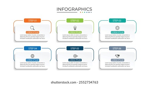 Línea delgada de la infografía del negocio del proceso con diseño cuadrado de la Plantilla con los iconos y 6 opciones o pasos.