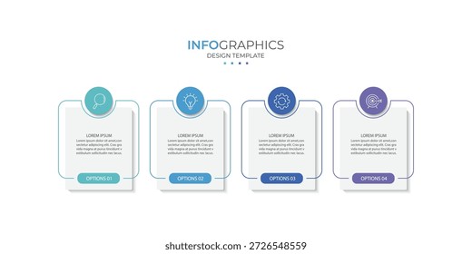 Línea delgada de la infografía del negocio del proceso con diseño cuadrado de la Plantilla con los iconos y 4 opciones o pasos.