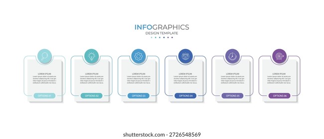 Línea delgada de la infografía del negocio del proceso con diseño cuadrado de la Plantilla con los iconos y 6 opciones o pasos.