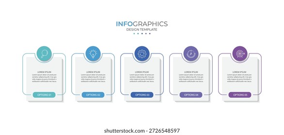 Línea delgada de la infografía del negocio del proceso con diseño cuadrado de la Plantilla con los iconos y 5 opciones o pasos.