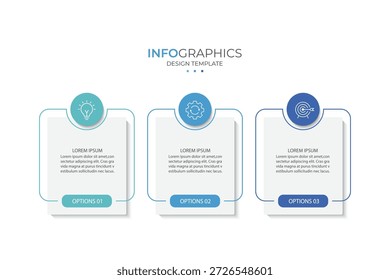 Línea delgada de la infografía del negocio del proceso con diseño cuadrado de la Plantilla con los iconos y 3 opciones o pasos.