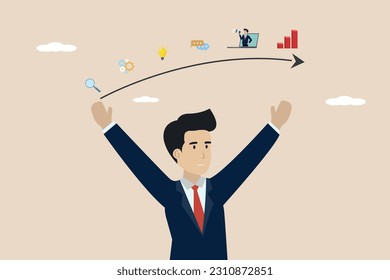 The process of a businessman's journey from start to success. Illustration of successful businessman.