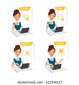 Process of buying goods via internet. Online shopping. Woman buys clothes via internet. Search, order, payment, delivery.
