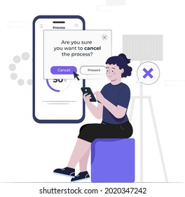 process cancel concept flat design illustration, girl cancel the process, girl holding mobile, stop the process, stop installation, alert, notification, 