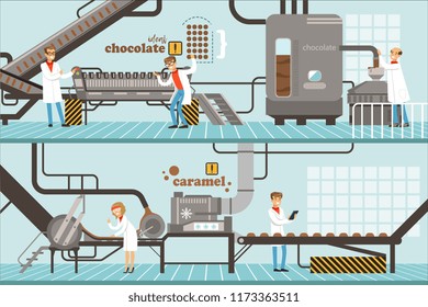 Process of caramel and chocolate production set of horizontal colorful banners