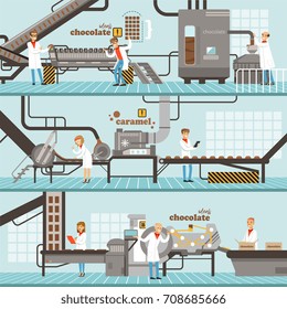 Process of caramel and chocolate production set of horizontal colorful banners