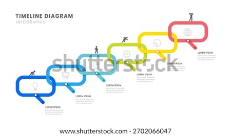 Process chain business timeline infographic with 6 milestones elements, diagram and icon, vector.