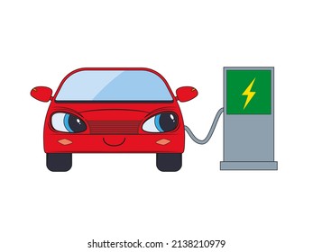El proceso de cargar un auto eléctrico. Caricatura ecológica. Ilustración del vector