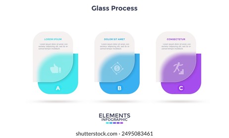 Process chart with 3 drops behind translucent glass placed in horizontal row. Concept of three stages of business development. Simple infographic design template. Modern flat vector illustration.