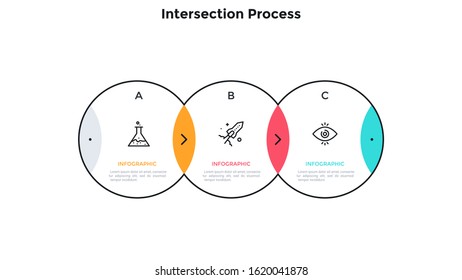 Process chart with 3 intersected circular elements. Concept of three steps of investment project development. Minimal infographic design template. Vector illustration for business data presentation.