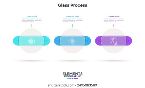 Prozessdiagramm mit 3 abgerundeten Elementen hinter lichtdurchlässigen Kreisen in Horizontaler Reihe. Konzept der transparenten Geschäftskette. Minimale infografische Design-Vorlage. Moderne flache Vektorillustration.