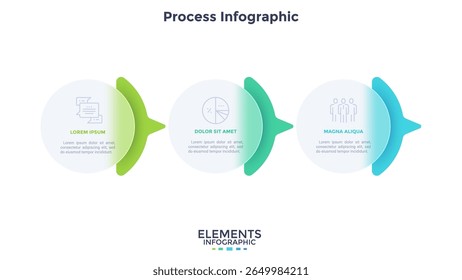 Process chart with 3 rounded elements behind translucent circles placed in horizontal row. Concept of transparent business chain. Minimal infographic design template. Modern flat vector illustration.