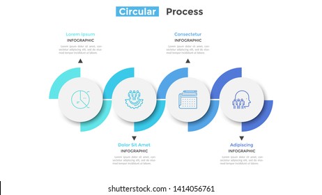 Process chart with 4 circular paper white elements placed in horizontal row. Concept of four steps of business development. Modern infographic design layout. Vector illustration for progress bar.