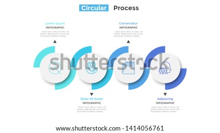 Process chart with 4 circular paper white elements placed in horizontal row. Concept of four steps of business development. Modern infographic design layout. Vector illustration for progress bar.