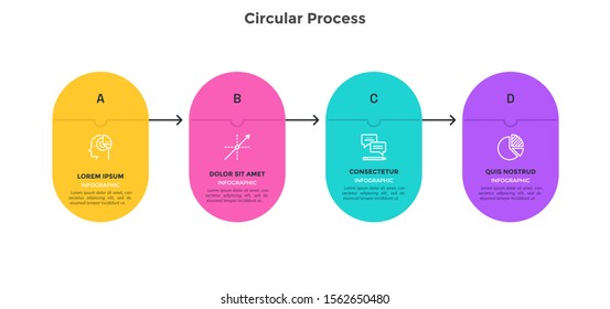 Process chart with 4 connected colorful rounded elements. Concept of four stages of project development. Simple infographic design template. Modern flat vector illustration for business presentation.