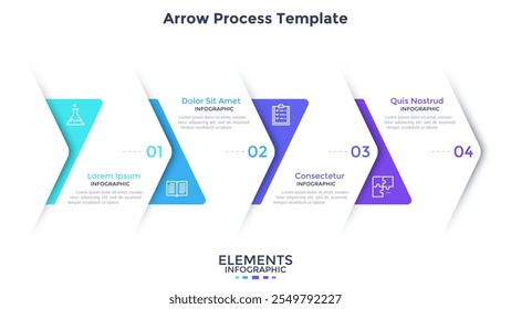 Gráfico de proceso con 4 flechas blancas de papel superpuestas colocadas en fila Horizontal. Concepto de cuatro pasos de estrategia de negocio. Plantilla plana de diseño infográfico. Ilustración vectorial simple para la presentación.