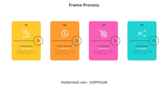 Process chart with 4 rectangular elements or cards with play buttons. Concept of four steps of business strategy. Minimal infographic design template. Flat vector illustration for presentation.
