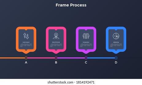 Process chart with 4 rectangular frames placed in horizontal row. Concept of four steps of business progress. Simple infographic design template. Modern flat vector illustration for presentation.