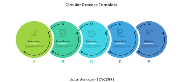 Process chart with 5 overlaying circular elements placed in horizontal row. Concept of five stages to business success. Simple infographic design template. Modern vector illustration for presentation.