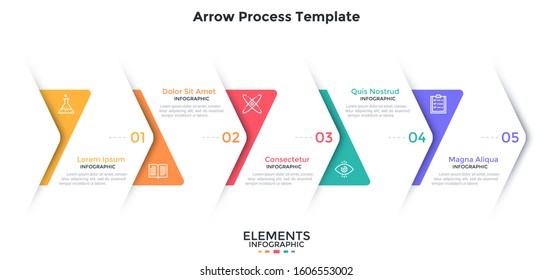 Process chart with 5 overlaying paper white arrows placed in horizontal row. Concept of five steps of business strategy. Flat infographic design template. Simple vector illustration for presentation.