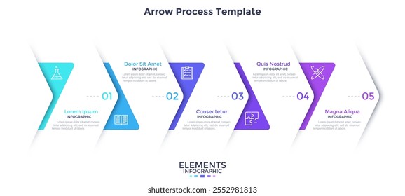 Gráfico de proceso con 5 flechas blancas de papel superpuestas colocadas en fila Horizontal. Concepto de cinco pasos de estrategia de negocio. Plantilla plana de diseño infográfico. Ilustración vectorial simple para la presentación.