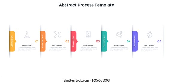 Process chart with 5 overlaying rectangular paper white elements and arrow-like elements. Concept of five steps of business progress. Simple infographic design template. Flat vector illustration.