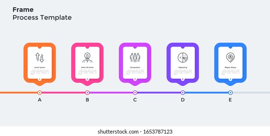 Process chart with 5 rectangular frames placed in horizontal row. Concept of five steps of business progress. Simple infographic design template. Modern flat vector illustration for presentation.