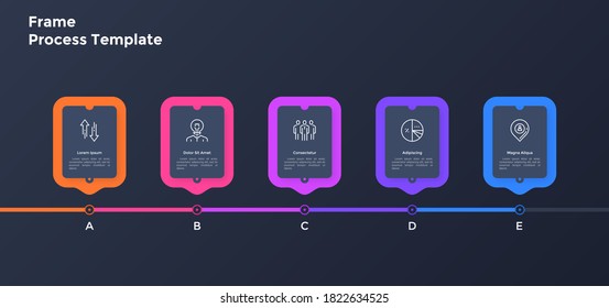 Process chart with 5 rectangular frames placed in horizontal row. Concept of five steps of business progress. Simple infographic design template. Modern flat vector illustration for presentation.