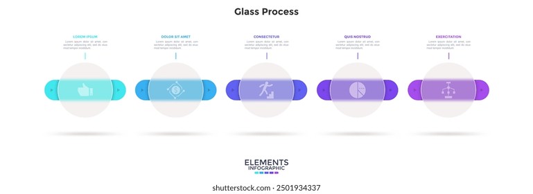 Process chart with 5 rounded elements behind translucent circles placed in horizontal row. Concept of transparent business chain. Minimal infographic design template. Modern flat vector illustration.