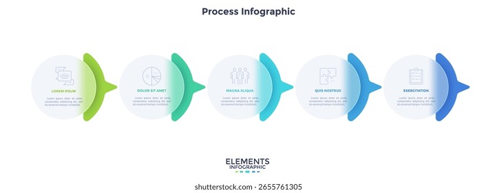 Process chart with 5 rounded elements behind translucent circles placed in horizontal row. Concept of transparent business chain. Minimal infographic design template. Modern flat vector illustration.