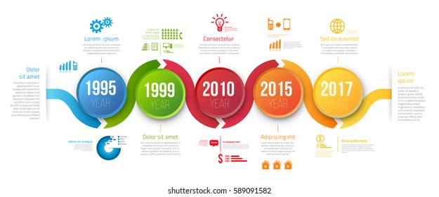 Process chart with 5 steps for business data visualization. Bright colors circle and infographics with icons. Vector template for presentation, prints and web