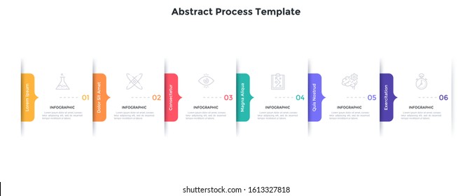 Process chart with 6 overlaying rectangular paper white elements and arrow-like elements. Concept of six steps of business progress. Simple infographic design template. Flat vector illustration.