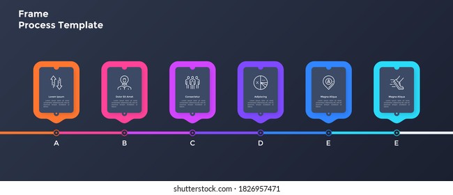 Process chart with 6 rectangular frames placed in horizontal row. Concept of six steps of business progress. Simple infographic design template. Modern flat vector illustration for presentation.