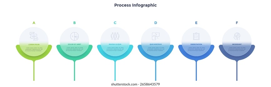 Process chart with 6 rounded elements behind translucent circles placed in horizontal row. Concept of transparent business chain. Minimal infographic design template. Modern flat vector illustration.